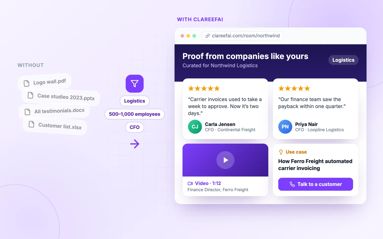 Clareefai deal room showing only customer proof that matches the prospect's industry