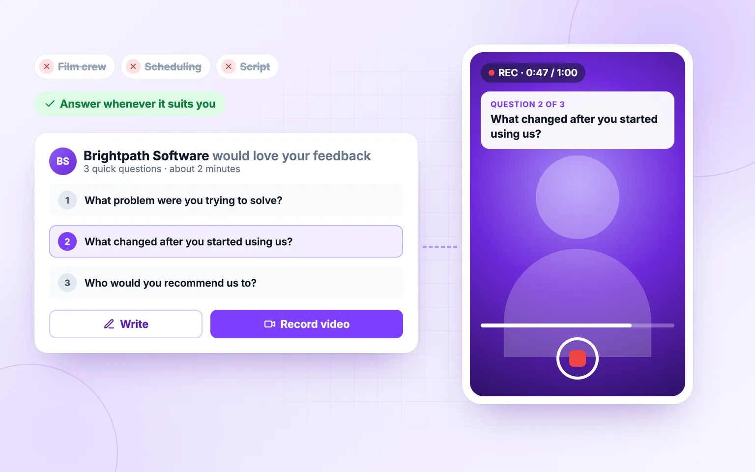 Guided Clareefai request letting a customer answer in writing or on video