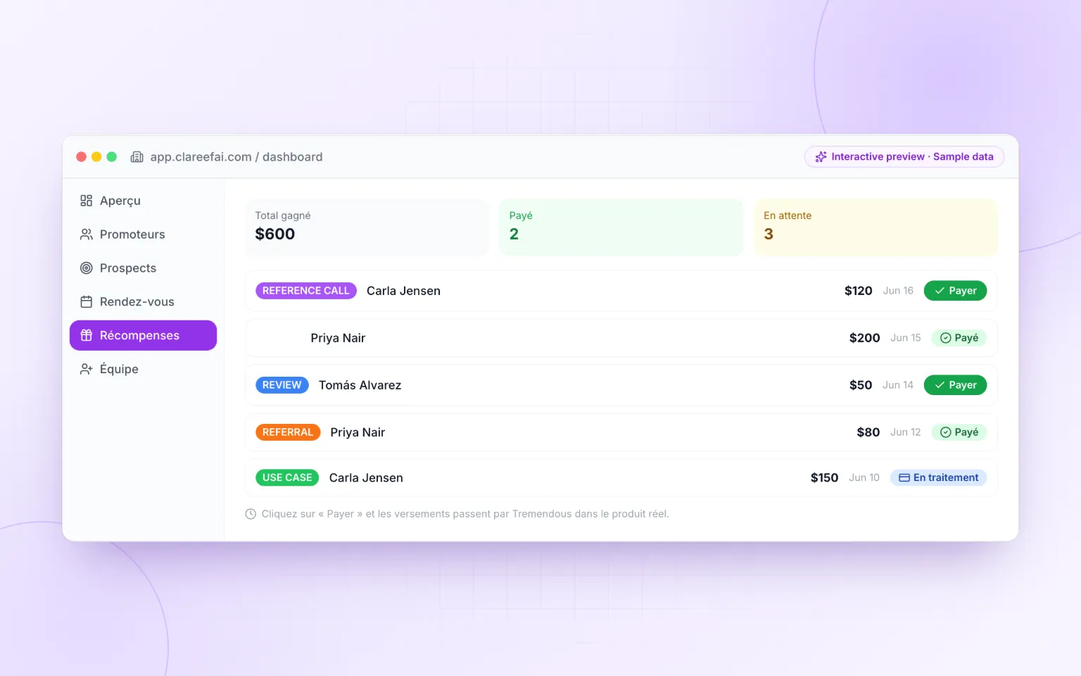 Tableau des récompenses Clareefai pour valider cartes cadeaux, remises et bonus de parrainage