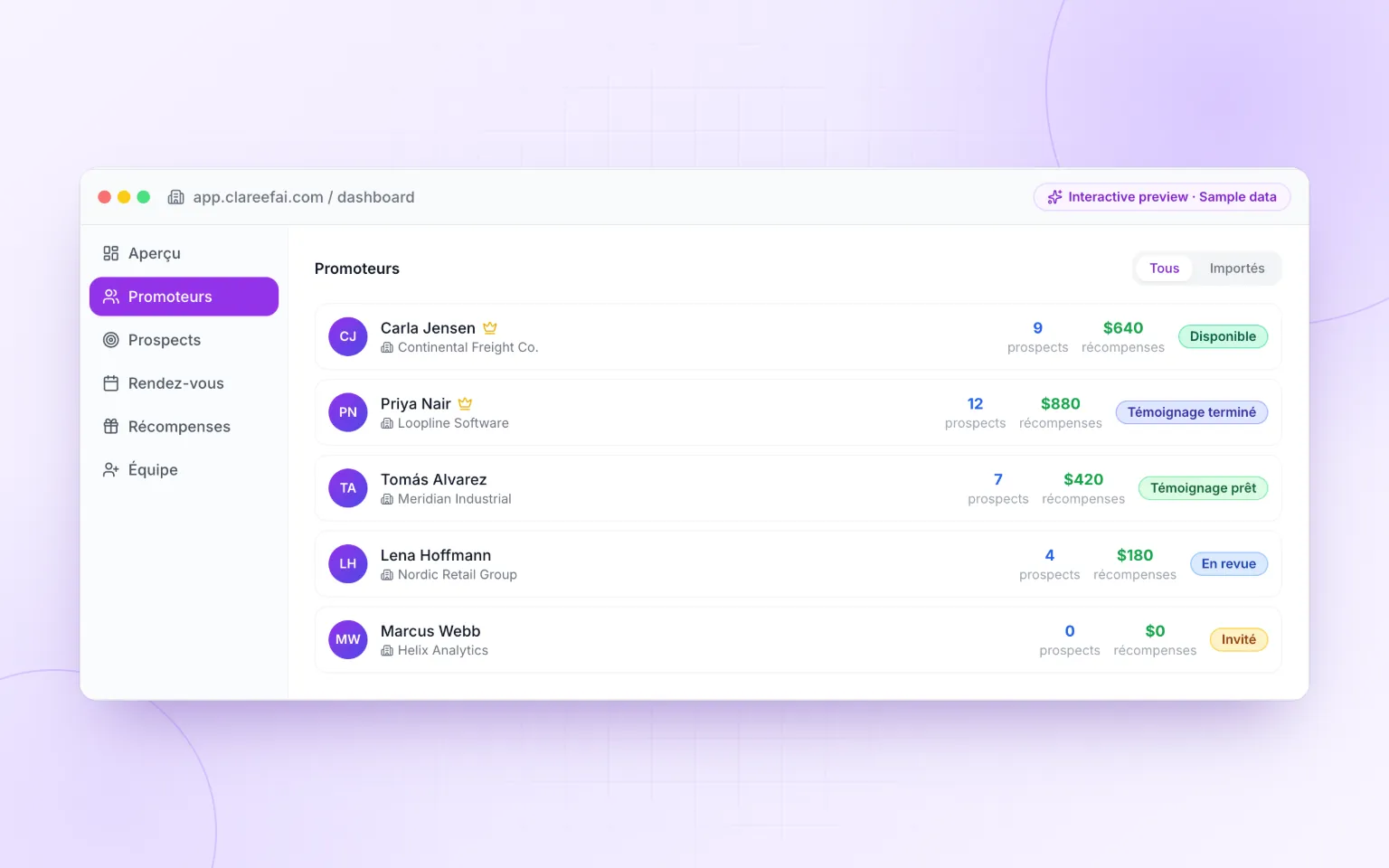 Liste des promoteurs Clareefai indiquant combien de fois chaque client a été sollicité